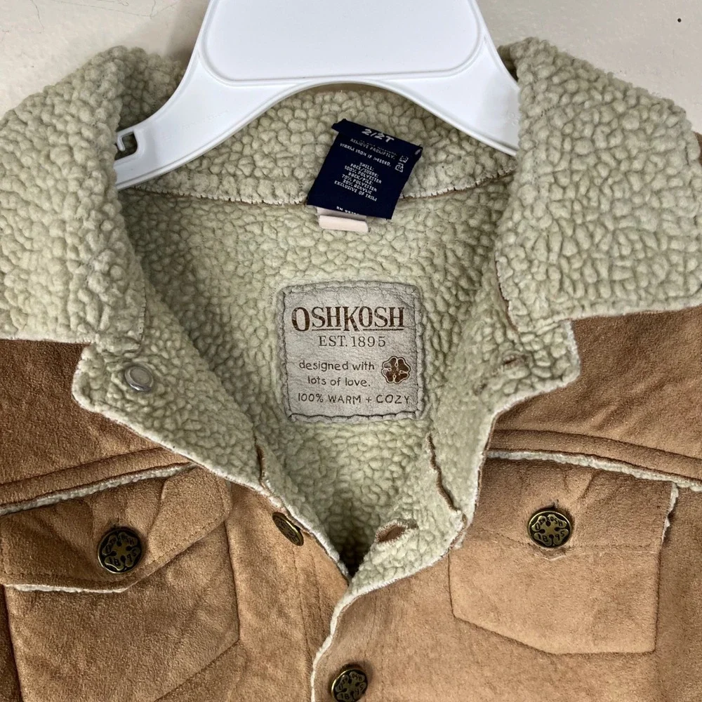 OshKosh B'gosh Jacket Toddler 2T Brown Faux Suede Sherpa Lined Trucker Coat
